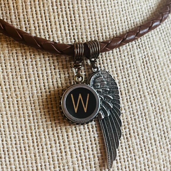 Braided Leather Necklace, Typewriter Key: Letter "W" and Angel Wing Pendants - Picture 2 of 7